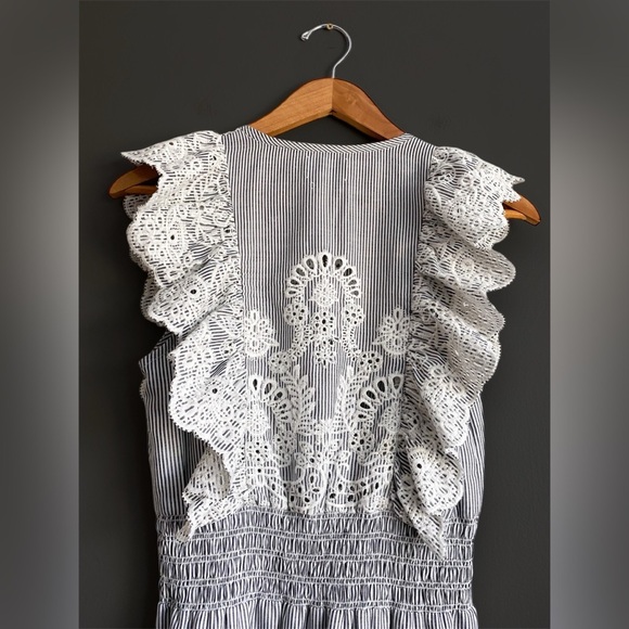 Saylor Striped Gray White Floral Embroidered Midi Dress Wedding Romantic Cottage - Picture 8 of 13